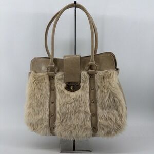 Charming Charlie Beige Faux Fur Handbag Tote Bag Gold Tone Buckle & Studs Vegan
